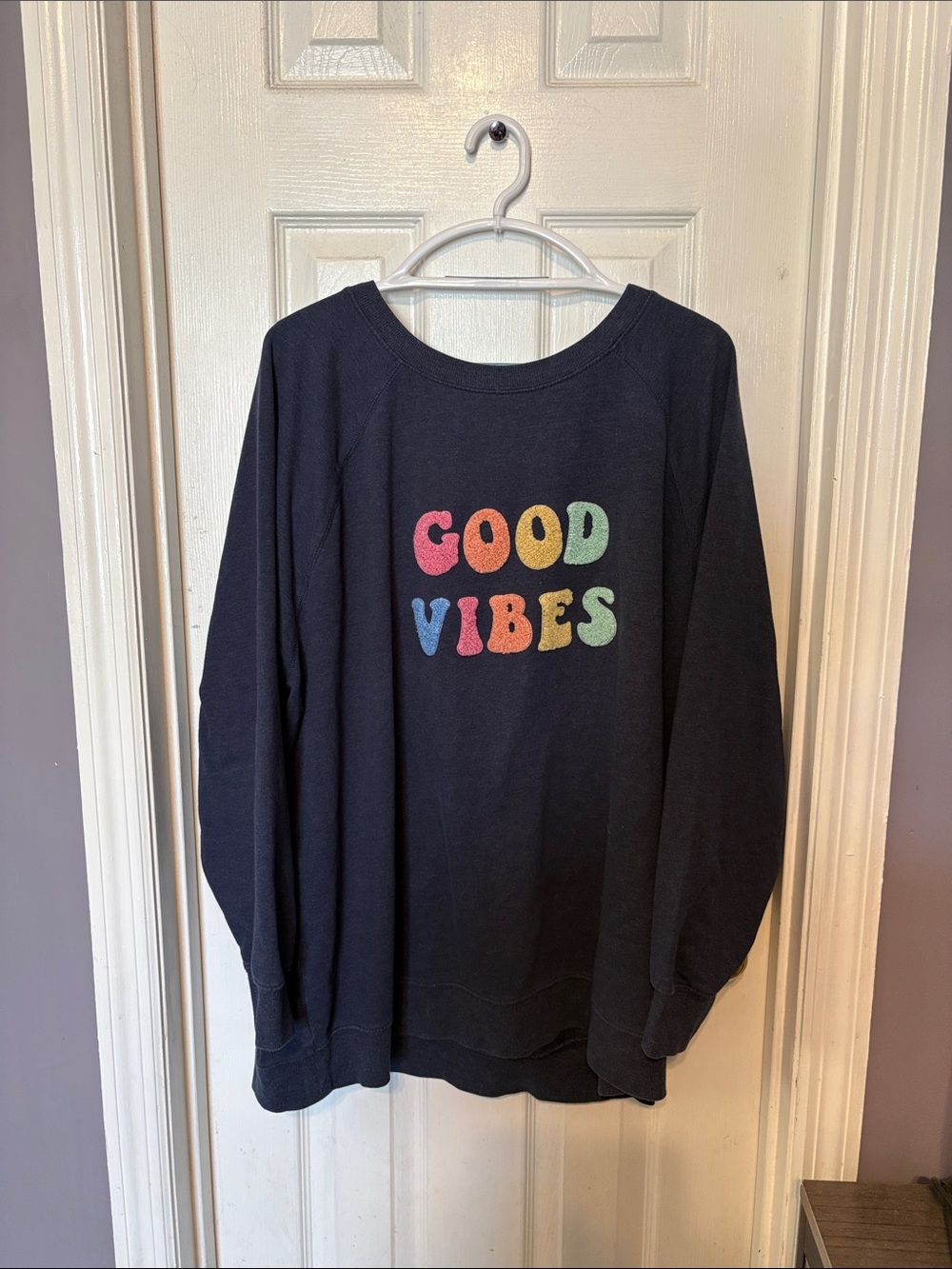 Wildfox Navy Sweatshirt with Rainbow "GOOD VIBES" Graphic